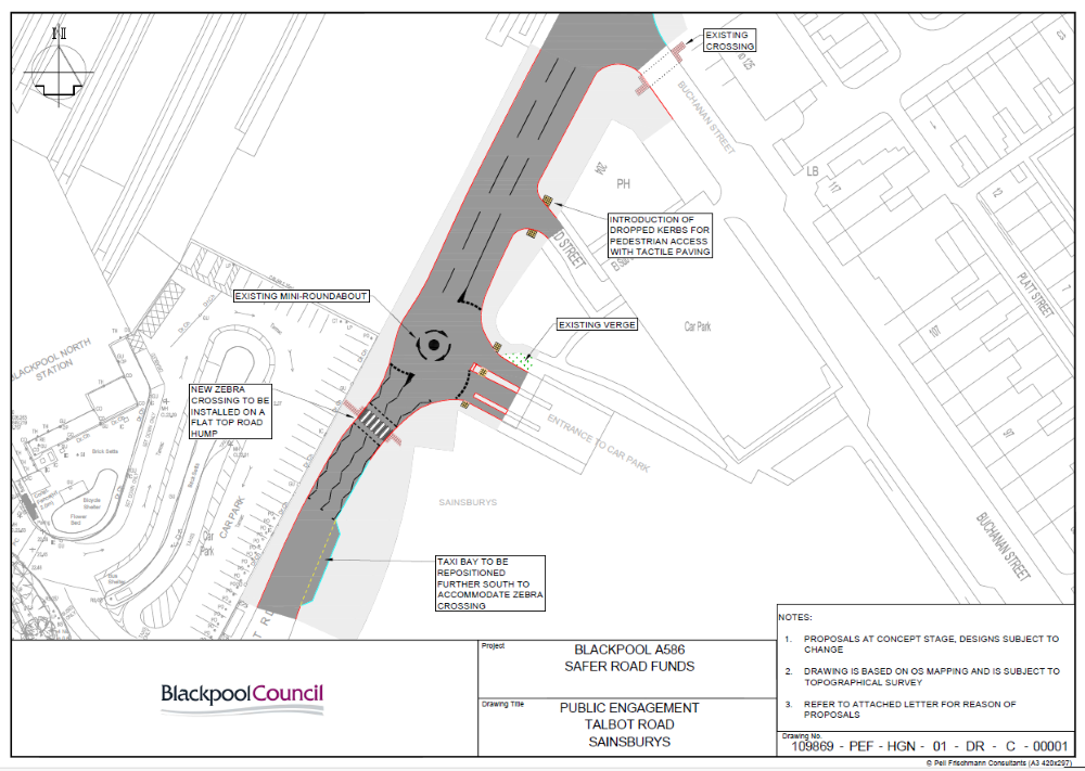 Map of Talbot Road showing Safer Roads highway improvement proposals.