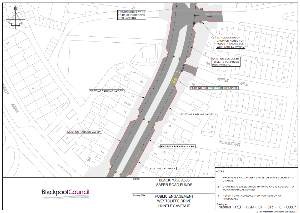 Map of Westcliffe Drive showing Safer Roads highway improvement proposals.