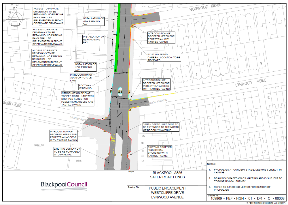 Map of Westcliffe Drive showing Safer Roads highway improvement proposals.