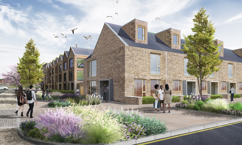 Artist impression of modern housing with gardens.