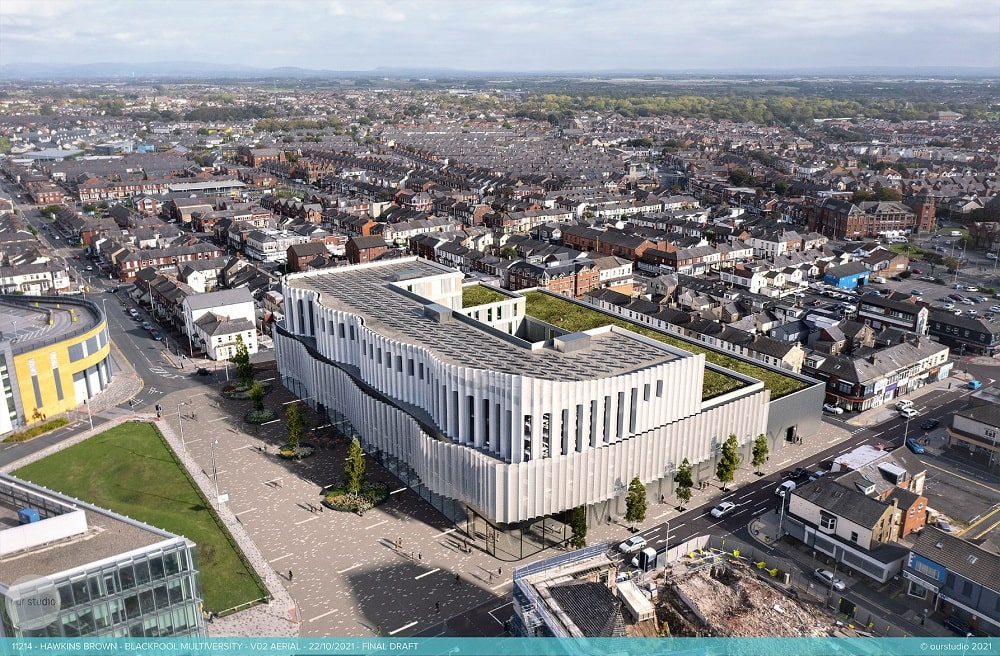 Design of modern building with curved front.