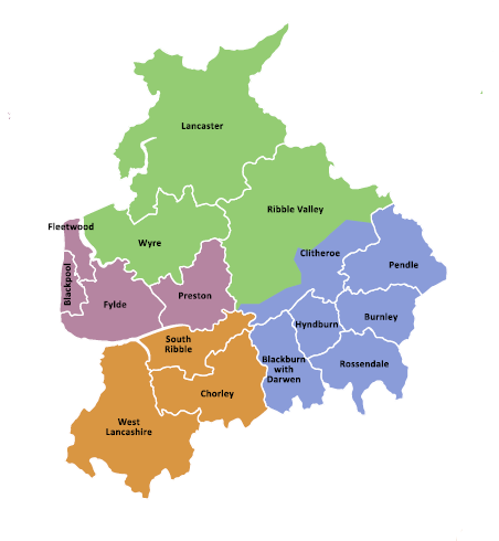 A map showing Lancashire with four different colours showing four areas.