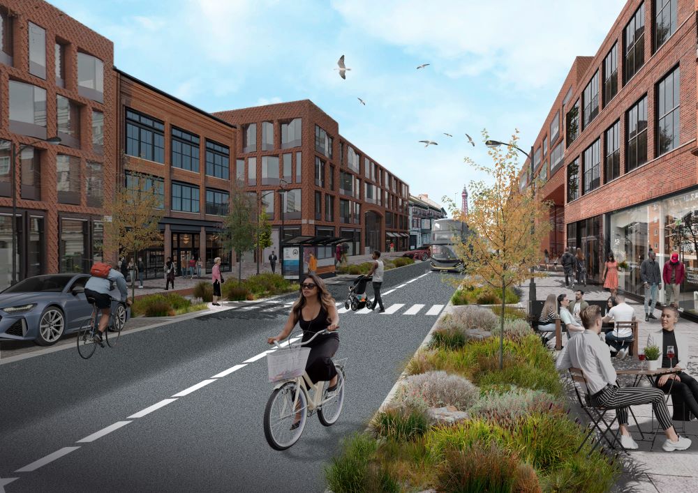 An artists impression showing a road with people cycling on it