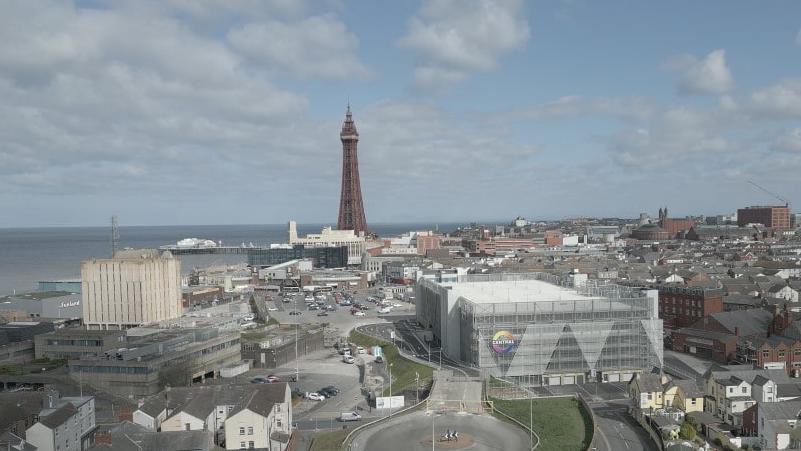 An aerial view of Blackpool Central with Blackpool Tower in the background