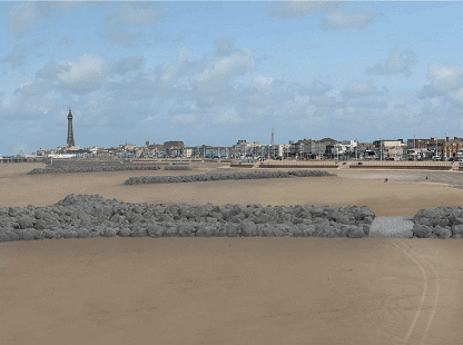 Visualisation of rock headlands on Blackpool beach looking toward Blackpool Tower and central Pier from the south