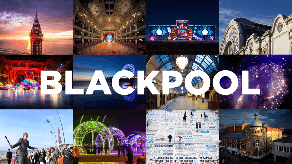 A composite image showing pictures of arts events with the word Blackpool in the middle