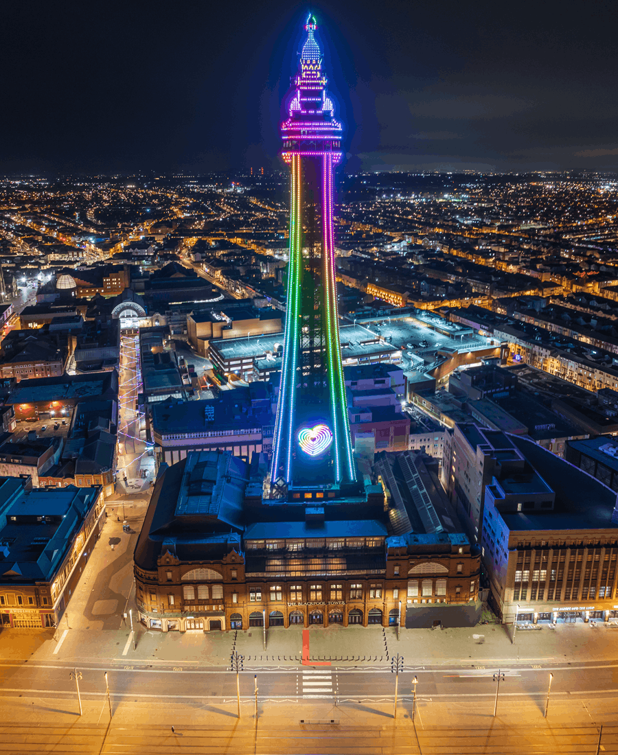 Blackpool tower lit up in rainbow colours 