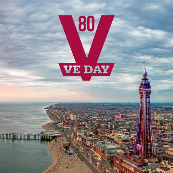 The 80th VE Day logo set against Blackpool skyline