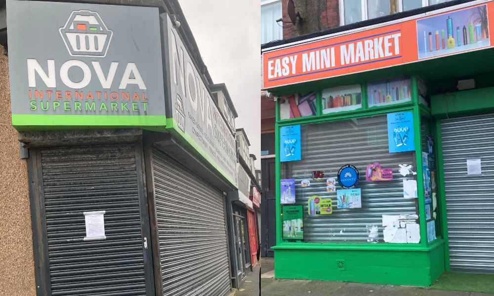 Nova Supermarket (left) and Easy Mini Market (right), each closed to halt the sale of illicit tobacco and vapes