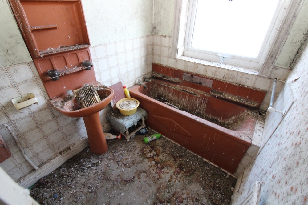 Image shows a bathroom in a poor state of repair, with pigeon droppings across the surfaces