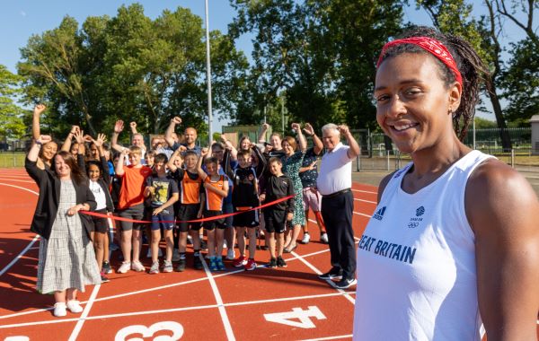 kids and adults at opening of Stanley Park's new athletic track