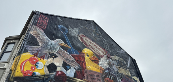 A close up of a street artwork, showing items and landmarks from Blackpool