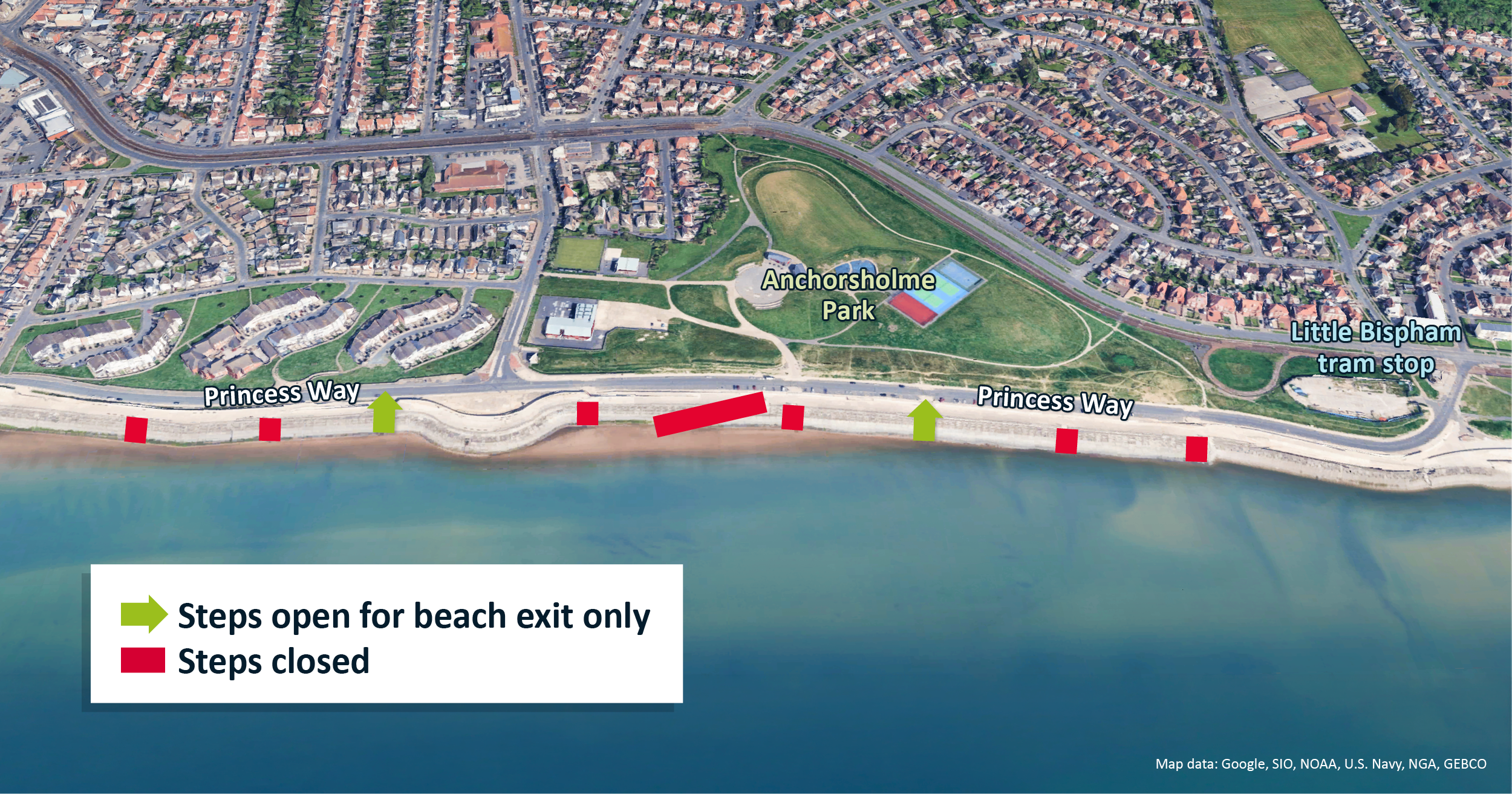 Map of Anchorsholme sea front showing which access steps are open for exiting the beach