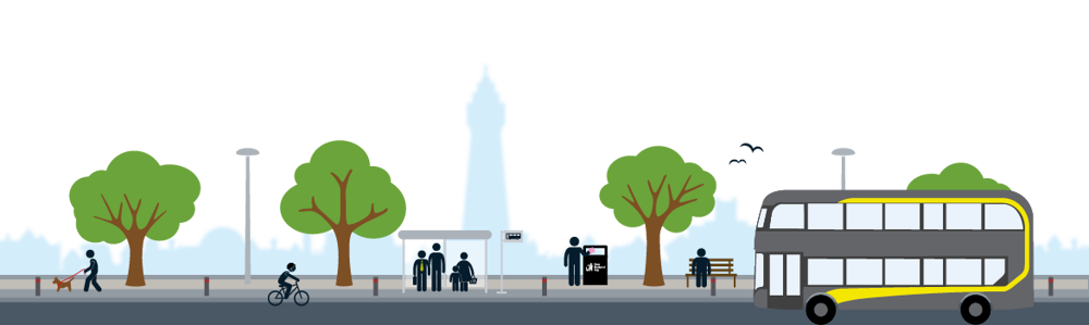 Graphic of street with cartoon tower, people and bus.