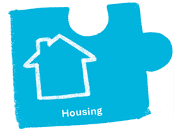 Blue jigsaw piece with an outline of house inside.