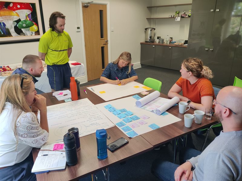 Research group sitting around a table and brainstorming ideas