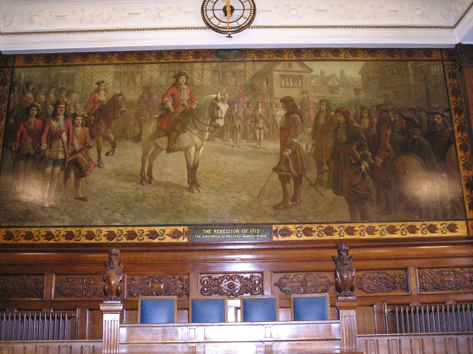 Large oil painting featuring foot soldiers and soldier on horse.