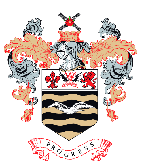 Blackpool civic crest with black and gold wavy lines featuring seagull.