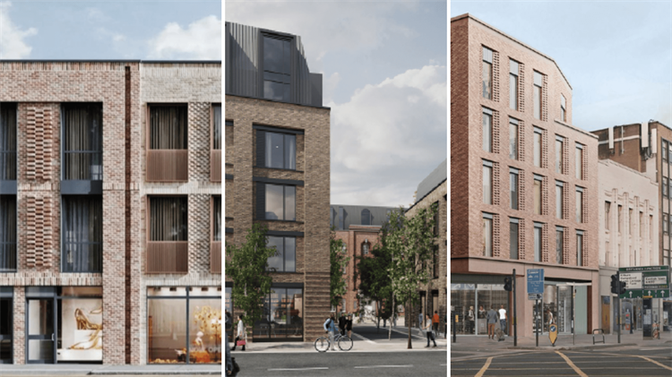 Examples of modern apartment and shop buildings.