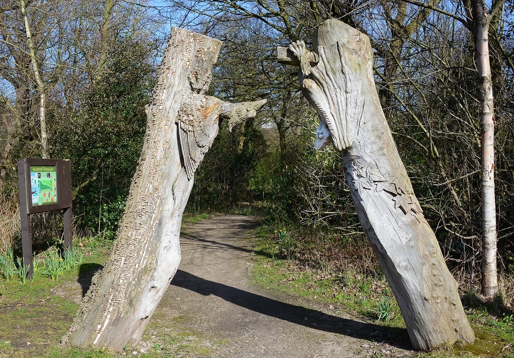 Gateway through carved tree trunks.