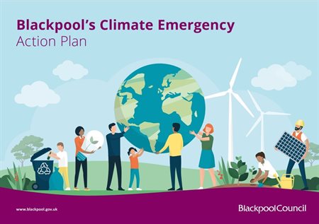 Blackpool's Climate Emergency Action Plan - illustration of people holding planet earth and using eco-friendly energy