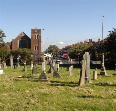 View towards Layton Methodist Church and Grange Road from Layton Cemetery