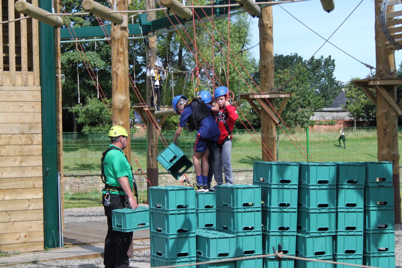 Group of children on the Crate Stack at Blackpool High Ropes 
