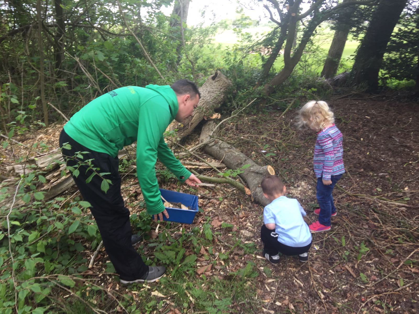 An instructor and two children bug hunting