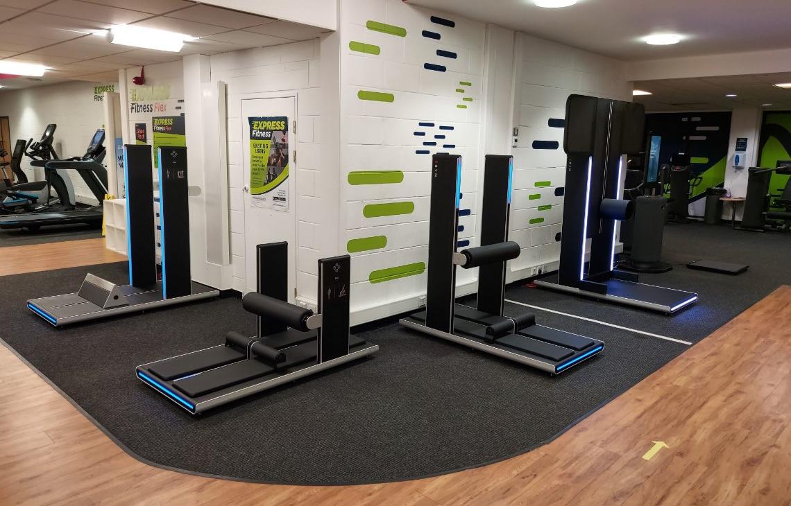 Express Fitness Flex machines lined up round a corner in the gym at Blackpool Sports Centre