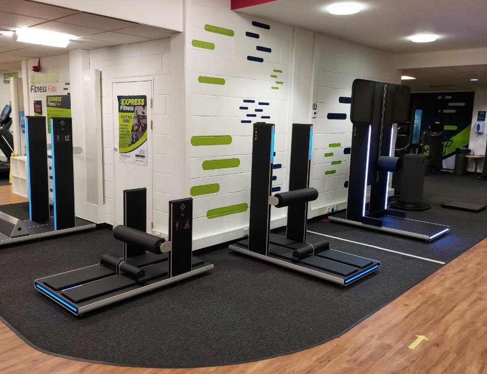 Express Fitness Flex machines lined up round a corner in the gym at Blackpool Sports Centre
