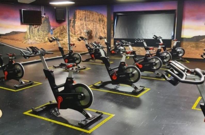 Exercise bikes in rows